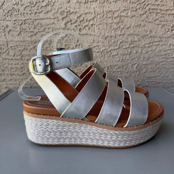 FitFlop Eloise Wedge Sandals Womens Size 8 Silver Platform Espadrille Strappy - Picture 3 of 15